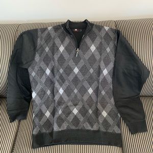 Black/Gray Check Plaid Argyle Pattern Quarter Zip Pullover Sweater Red Rhino L